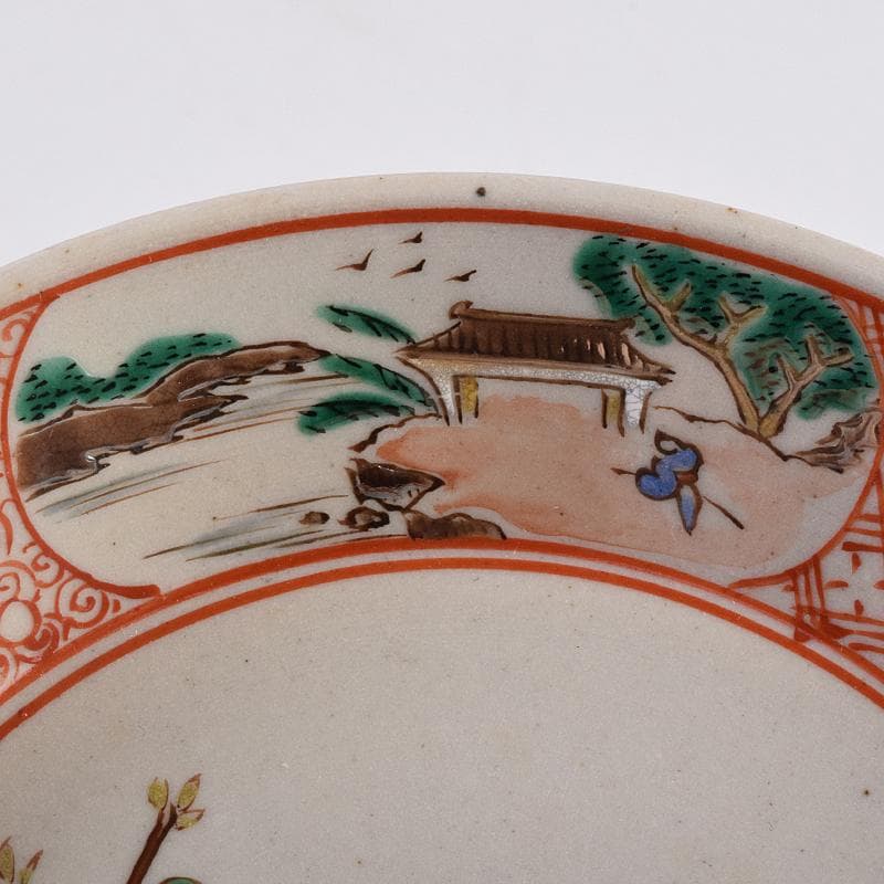 萬古焼 陶華園造 色絵 窓絵 山水人物花文 小皿 十客 共箱 M R8897