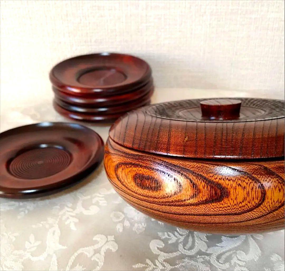 新品】 山中漆器 高級蓋付菓子鉢茶托セット 天然木 漆塗 木製 菓子器
