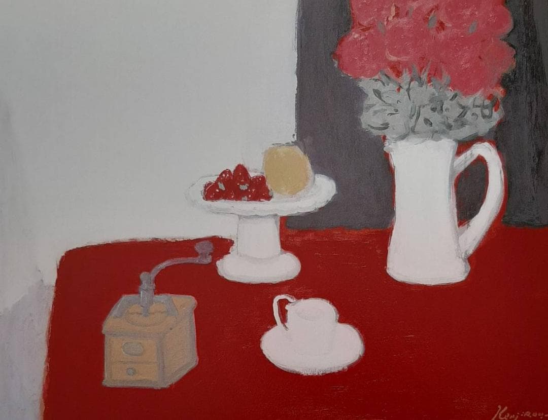 柴田謙治郎、「赤いテーブルの静物」、希少画集の額装画、四季、風景