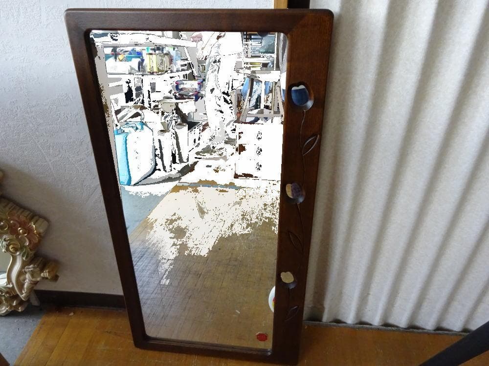 スタンドミラー　ウォールミラー　安心ミラー　姿見　飛散防止　オーク無垢　美品