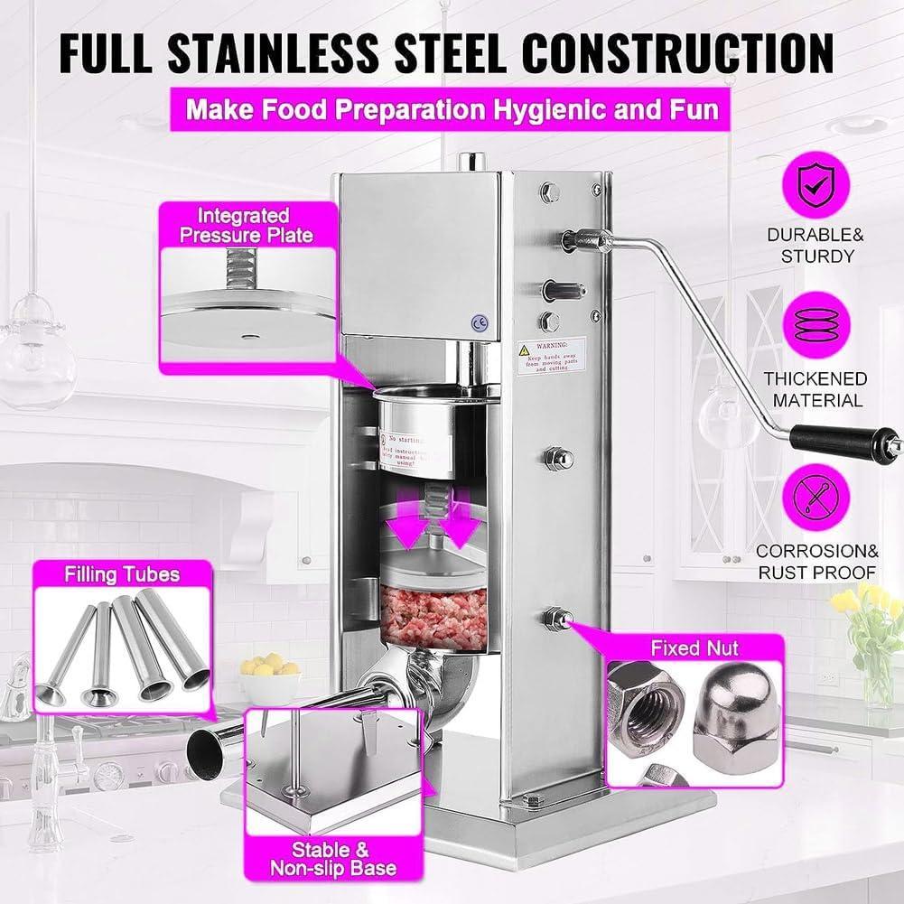 ステンレス製手動ソーセージスタッファー 5L 5つのスタッフィングノズル付き
