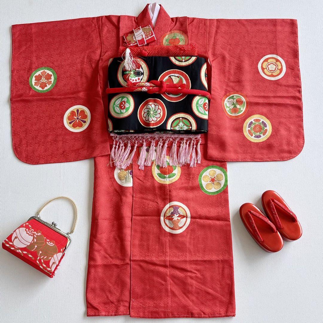七五三 7歳女の子 フルセット きもの 赤 小振袖 古典柄 家紋 7289