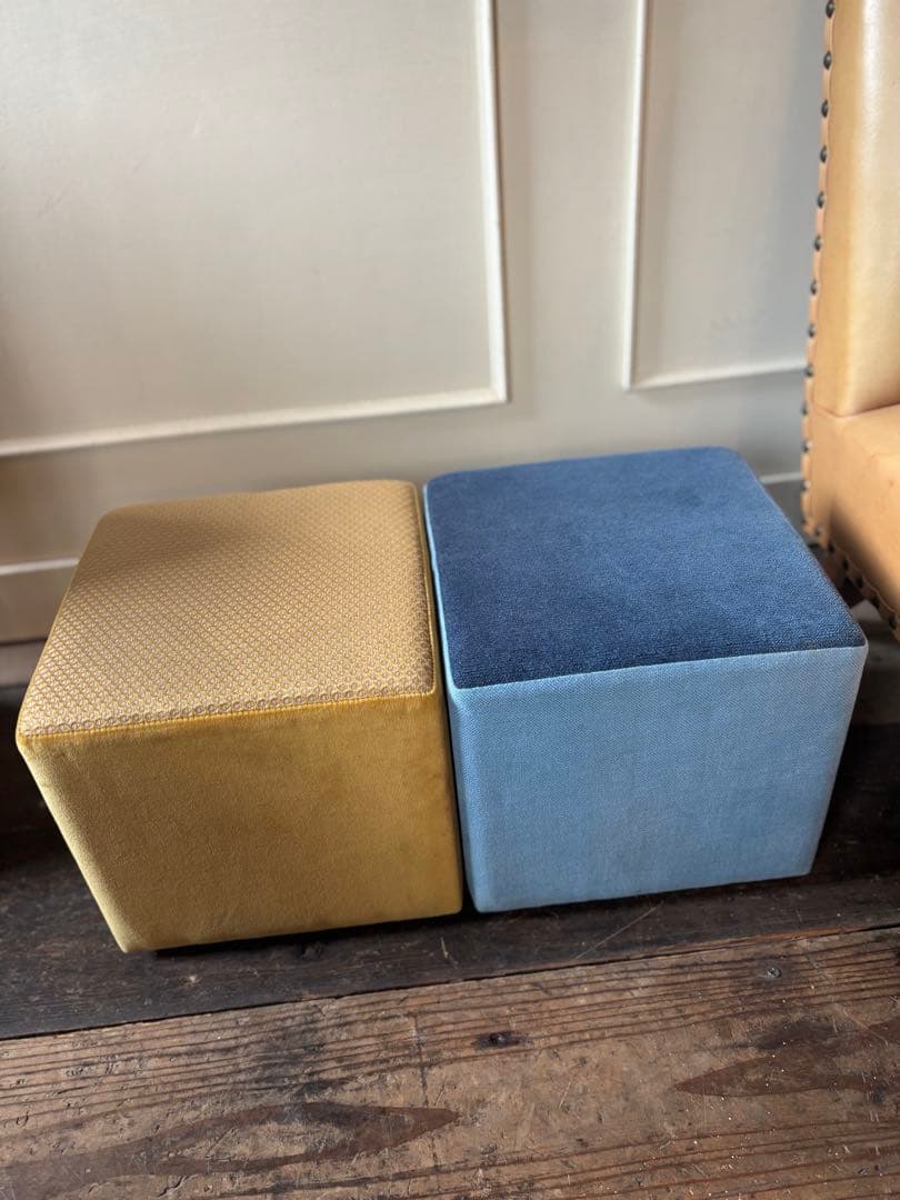 展示品SALE◼︎ツートンファブリックスツール2脚セット黄色青椅子オットマン踏台