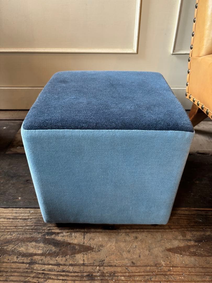 展示品SALE◼︎ツートンファブリックスツール2脚セット黄色青椅子オットマン踏台