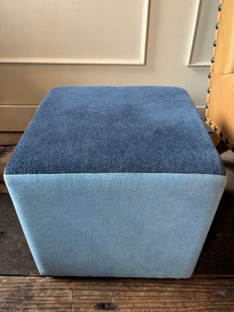 展示品SALE◼︎ツートンファブリックスツール2脚セット黄色青椅子オットマン踏台