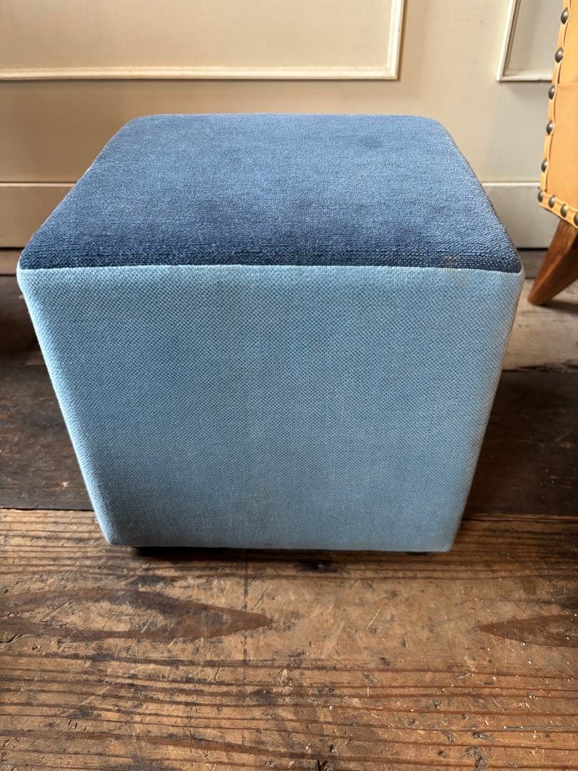 展示品SALE◼︎ツートンファブリックスツール2脚セット黄色青椅子オットマン踏台