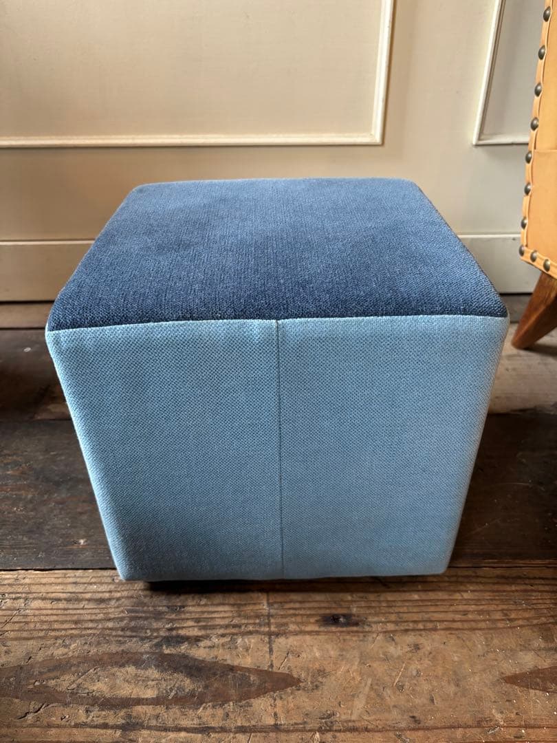 展示品SALE◼︎ツートンファブリックスツール2脚セット黄色青椅子オットマン踏台