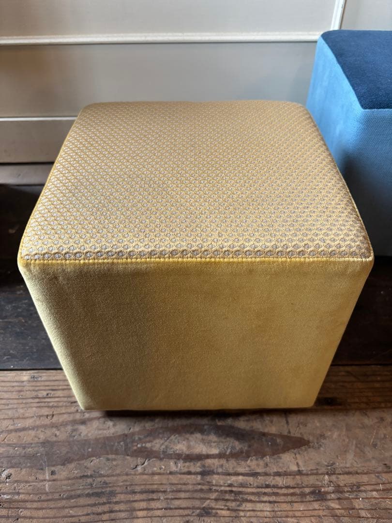 展示品SALE◼︎ツートンファブリックスツール2脚セット黄色青椅子オットマン踏台