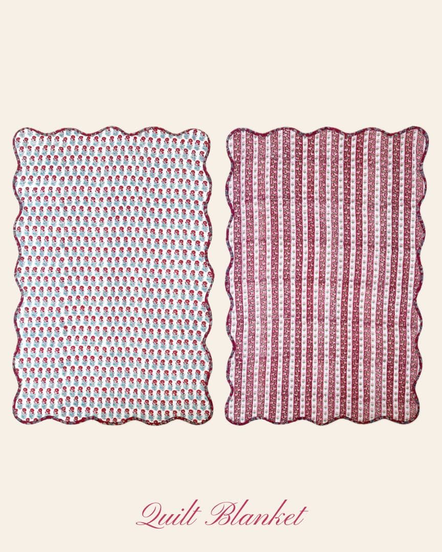ブロックプリント　うねうねキルトブランケット　レッド