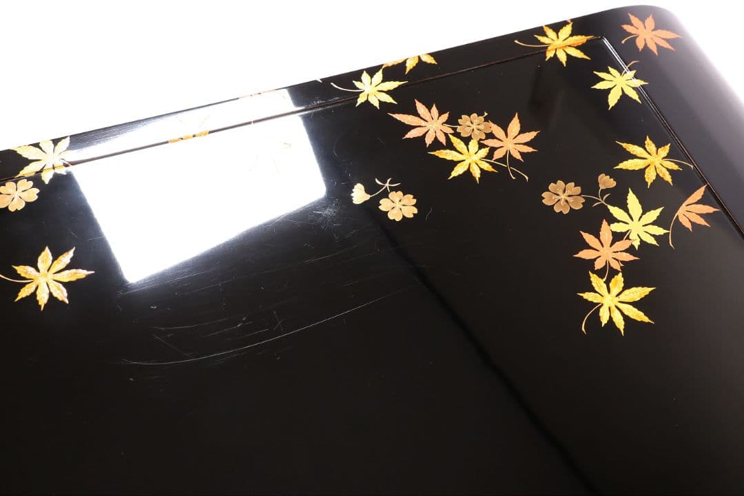 漆芸 紅葉桜 波千鳥 蒔絵 巻足 平卓 花台 黒塗 梨地 木製