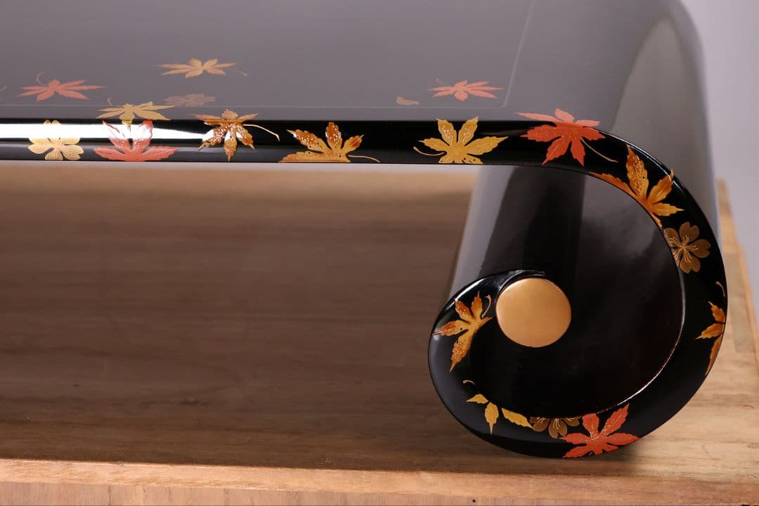 漆芸 紅葉桜 波千鳥 蒔絵 巻足 平卓 花台 黒塗 梨地 木製