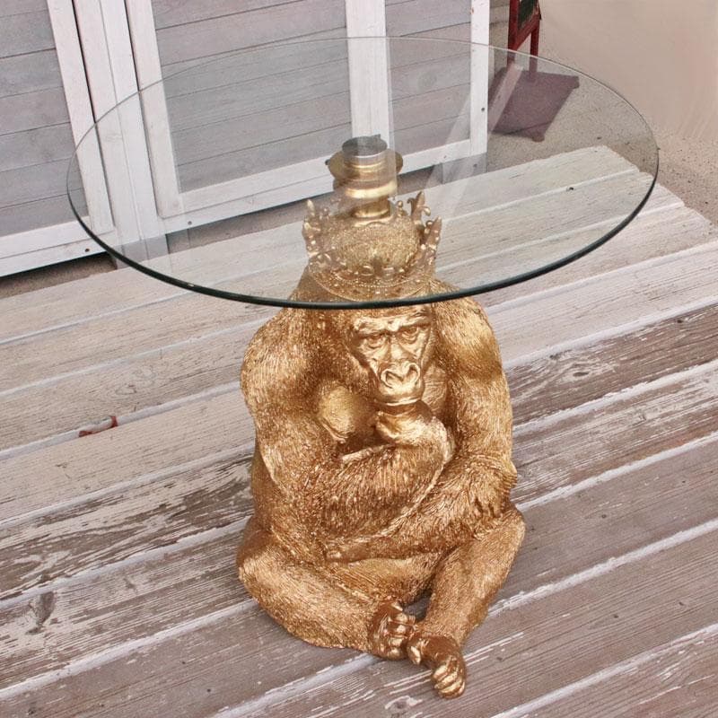 王冠ゴリラのガラステーブル ゴールド ガラス天板 143-213