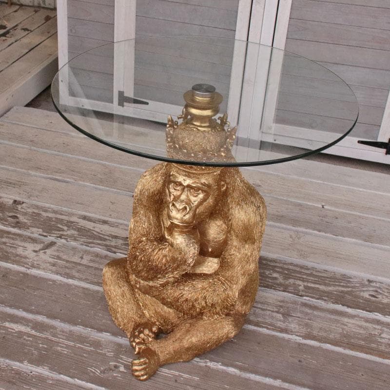 王冠ゴリラのガラステーブル ゴールド ガラス天板 143-213