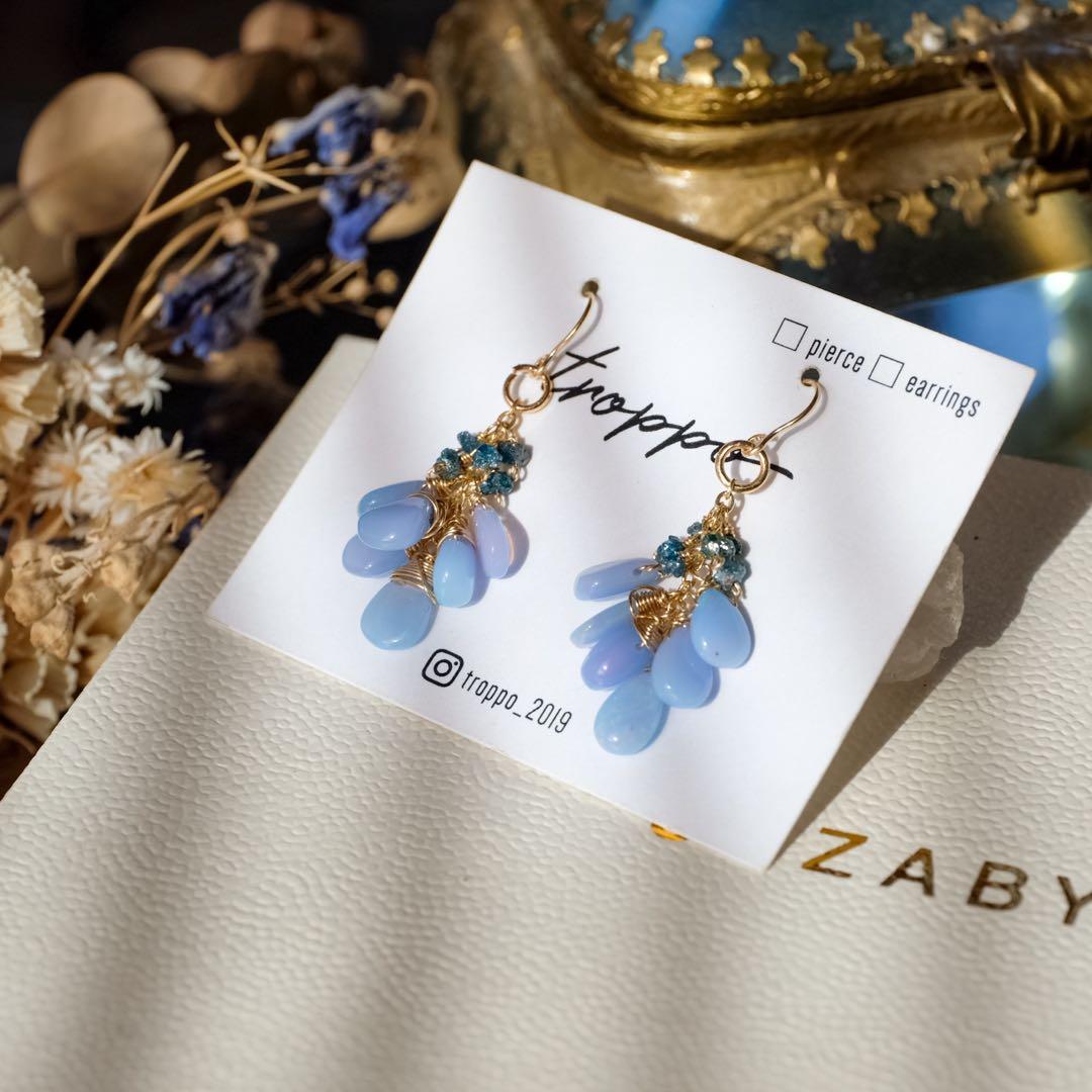 14kgfミルキーラベンダーカラーオパール・ブルーダイヤモンドピアス/イヤリング