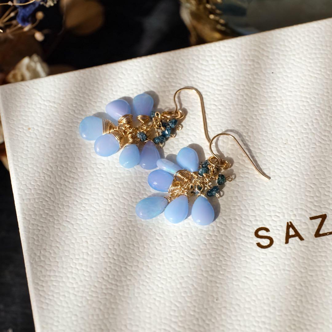 14kgfミルキーラベンダーカラーオパール・ブルーダイヤモンドピアス/イヤリング