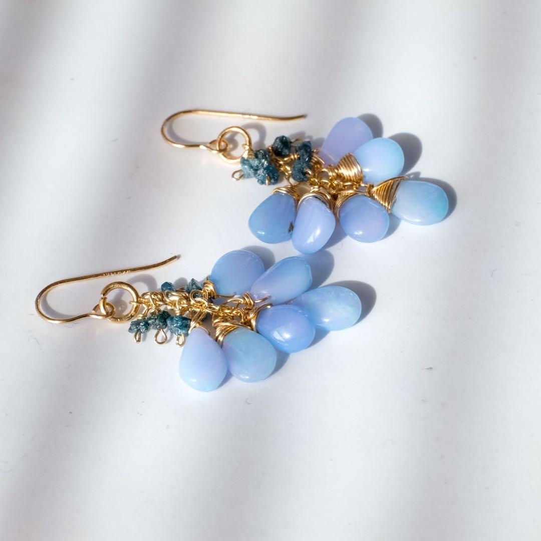 14kgfミルキーラベンダーカラーオパール・ブルーダイヤモンドピアス/イヤリング