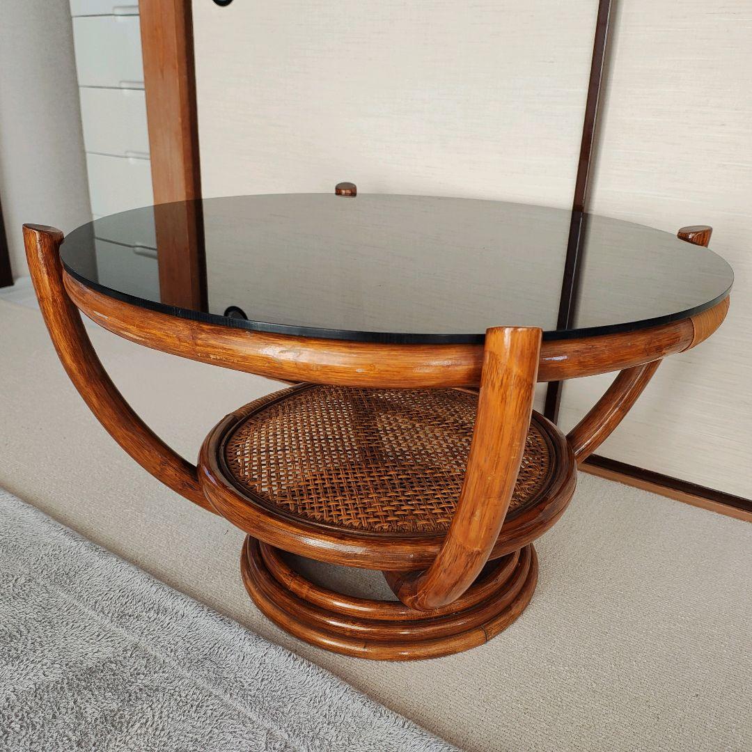 籐 ラタン ガラス天板 センターテーブル ヴィンテージ 籐 昭和レトロ