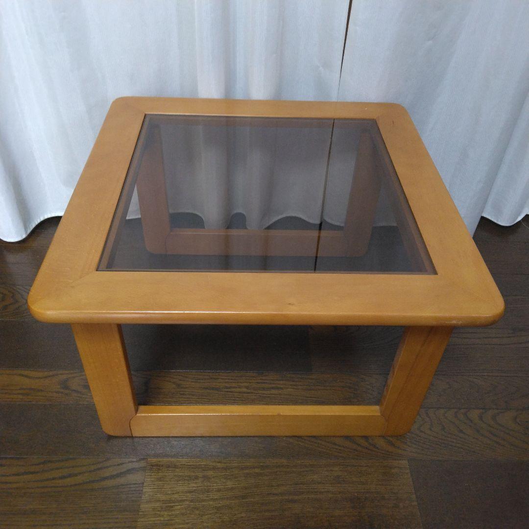 【美品】　ガラス天板　木製ローテーブル　サイドテーブル　木製脚 　珈琲テーブル