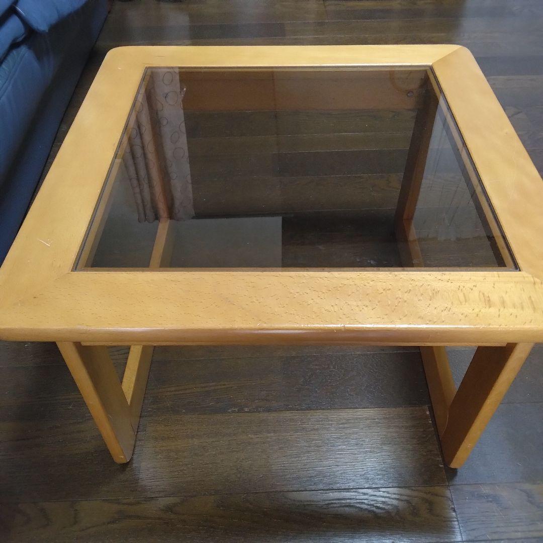 【美品】　ガラス天板　木製ローテーブル　サイドテーブル　木製脚 　珈琲テーブル