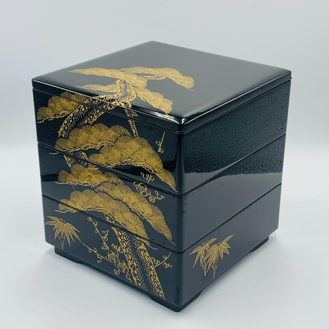 会津塗 三段重箱 沈金松竹梅 黒 木製 漆塗りお重箱 会津漆器 - メルカリ