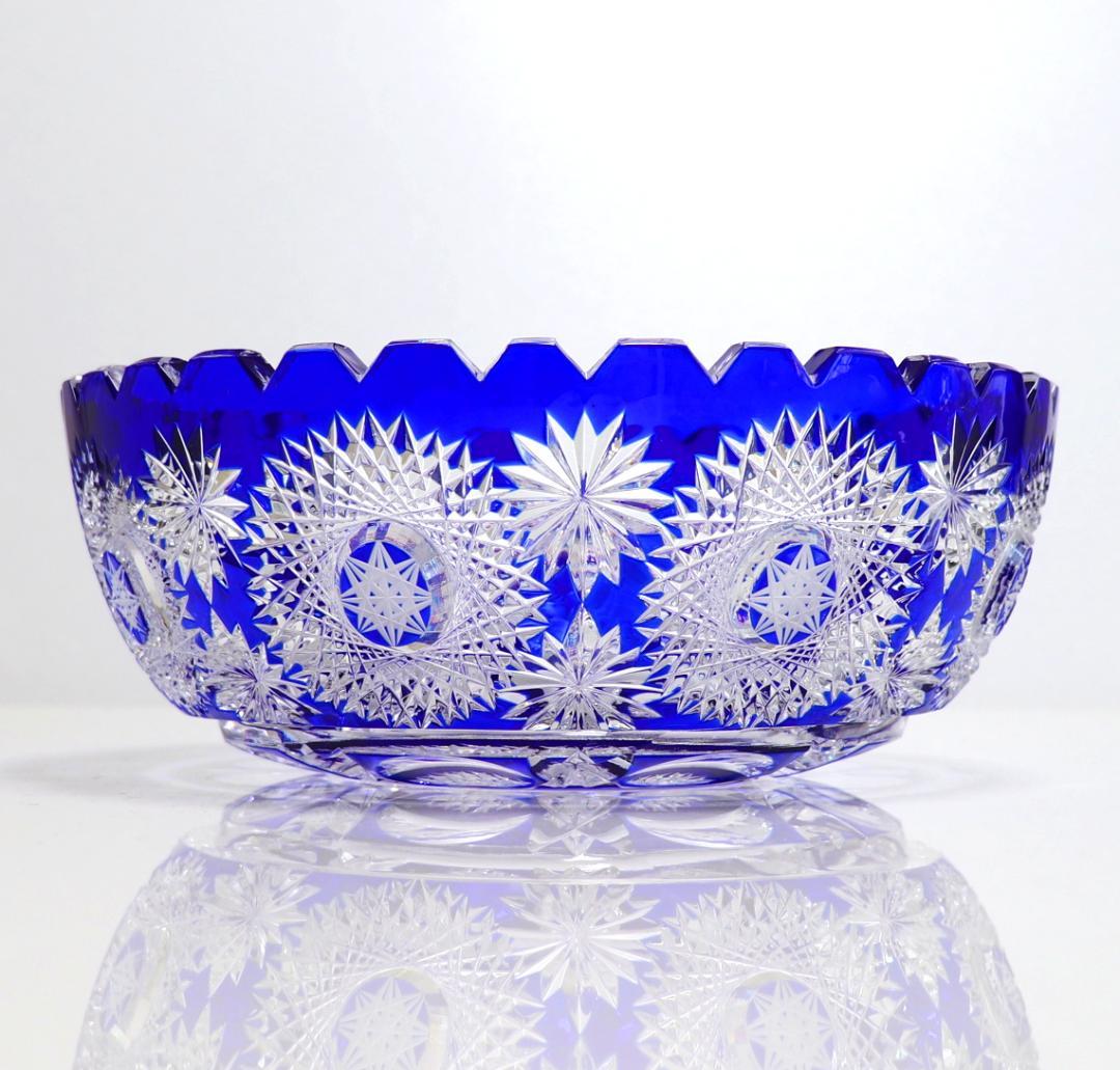 オールド・バカラ 1890年 大型 1.4kg 青色被せ 切子鉢 アートピース