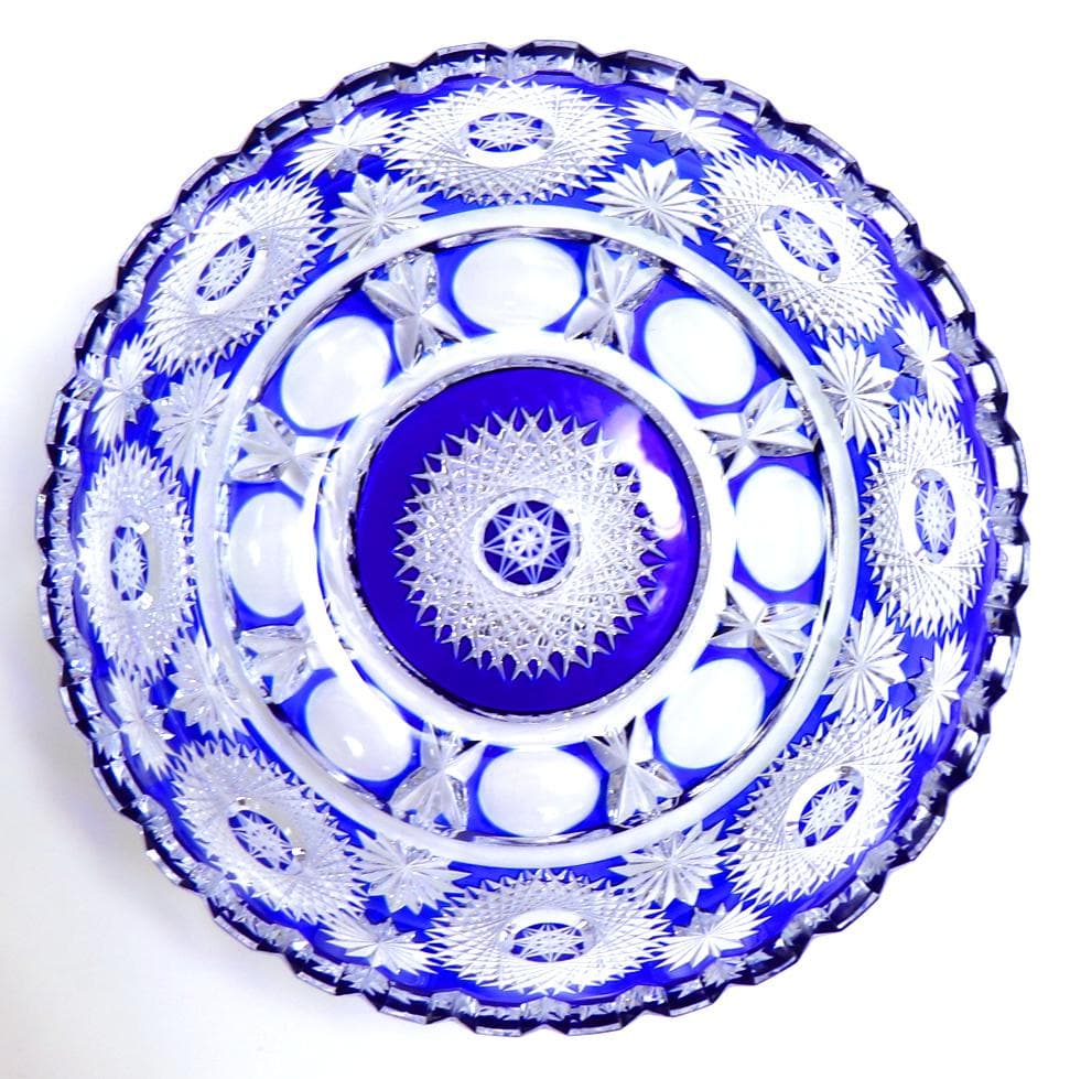 オールド・バカラ 1890年 大型 1.4kg 青色被せ 切子鉢 アートピース