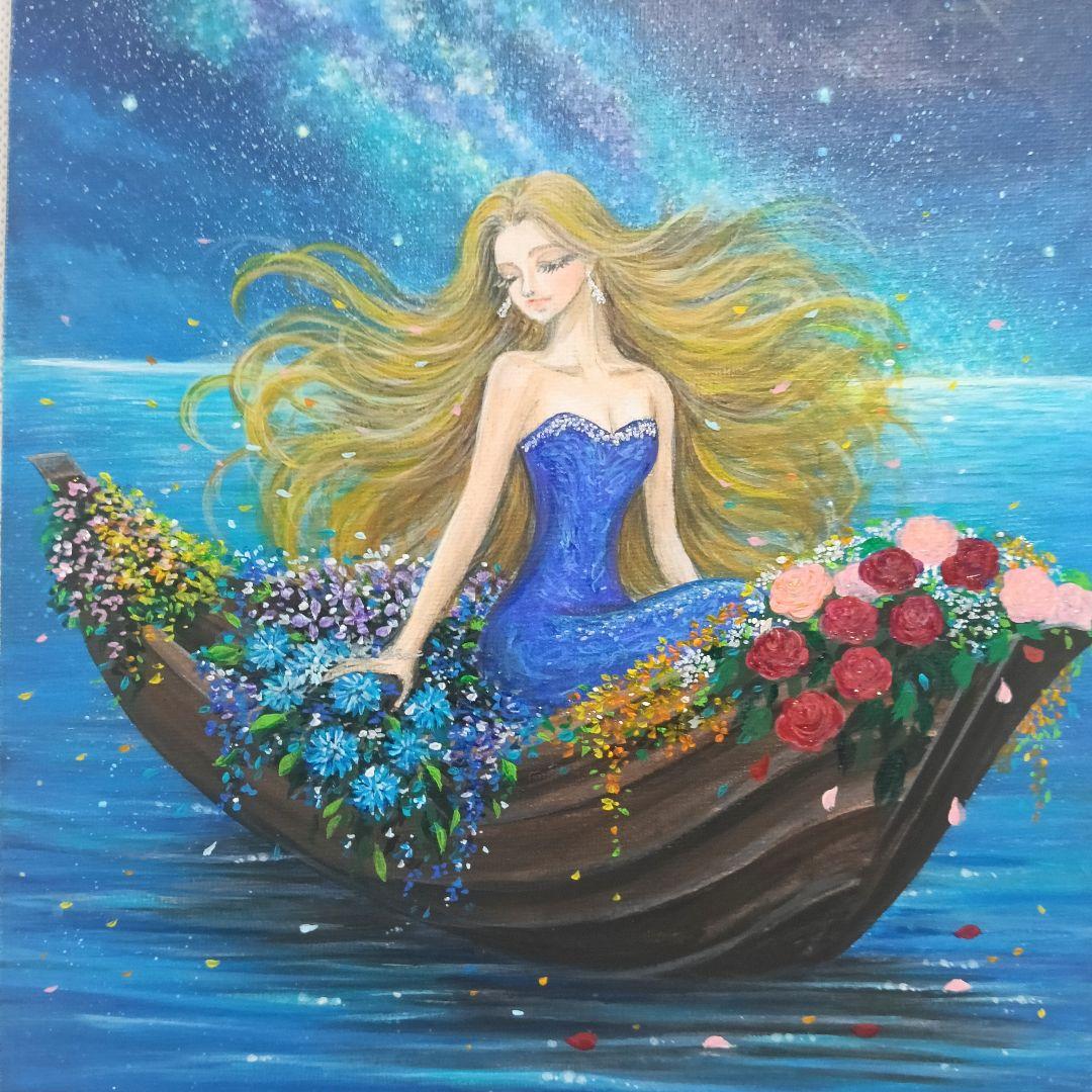 No.576 花のボート　F3　アクリル画　絵画　手描きイラスト　風景画