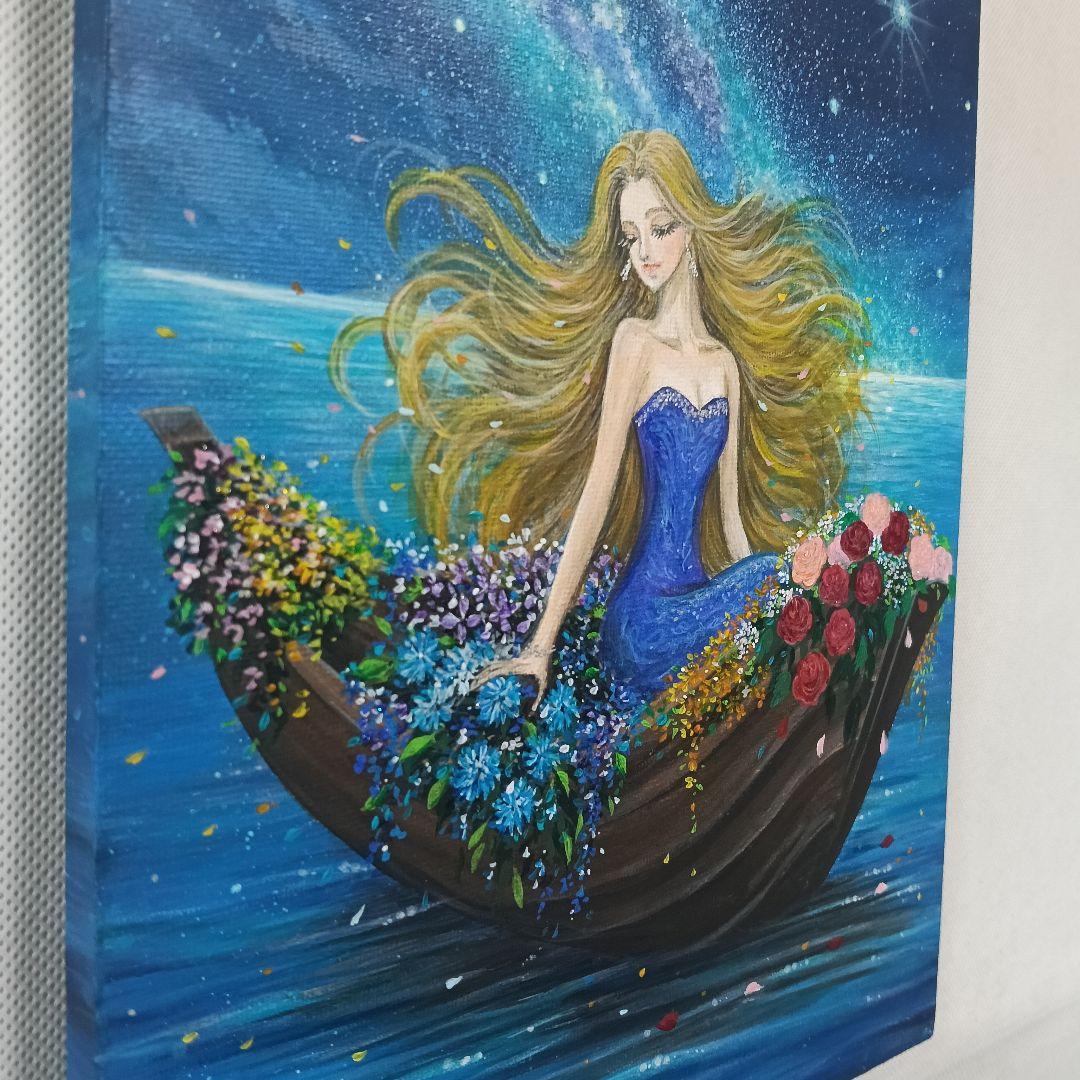 No.576 花のボート　F3　アクリル画　絵画　手描きイラスト　風景画