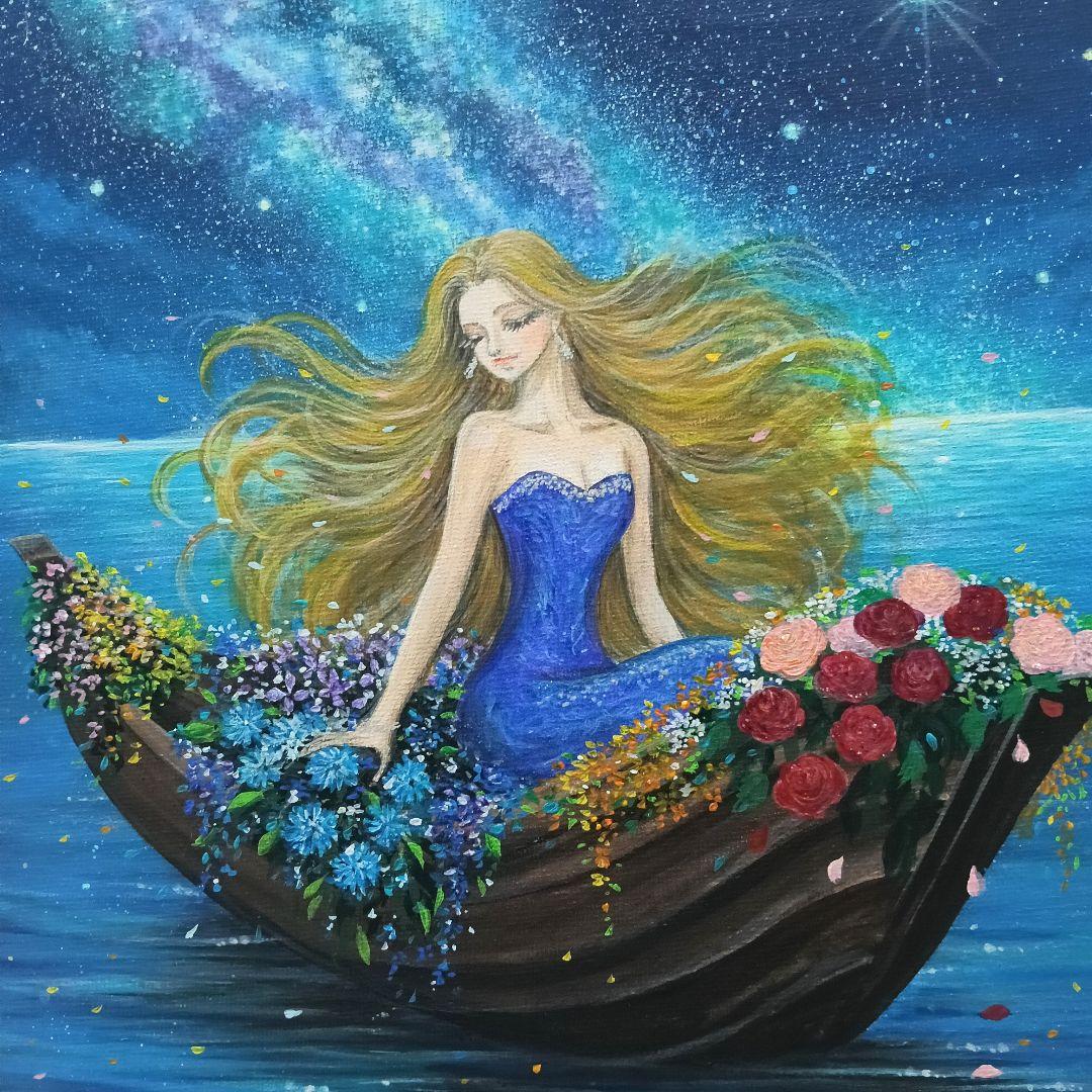 No.576 花のボート　F3　アクリル画　絵画　手描きイラスト　風景画