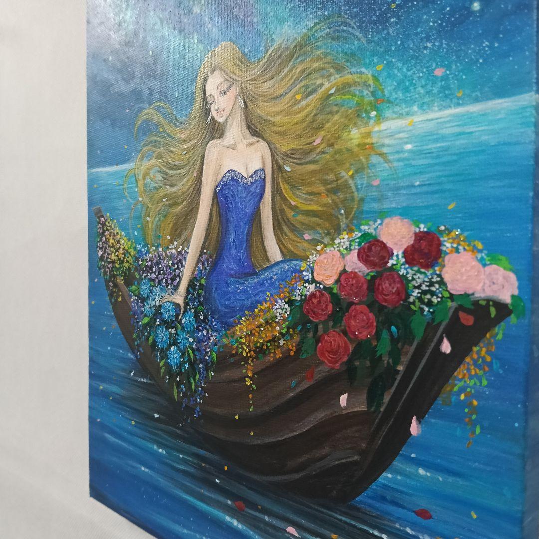 No.576 花のボート　F3　アクリル画　絵画　手描きイラスト　風景画