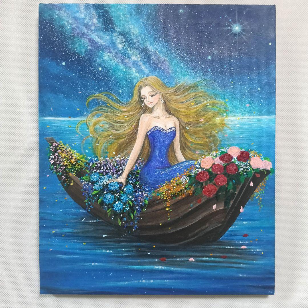 No.576 花のボート　F3　アクリル画　絵画　手描きイラスト　風景画