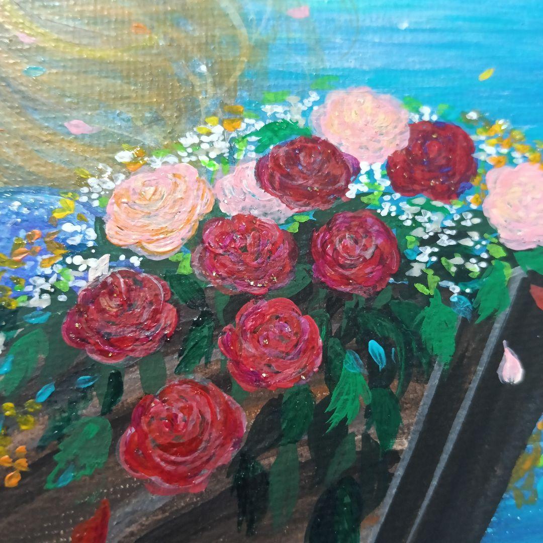 No.576 花のボート　F3　アクリル画　絵画　手描きイラスト　風景画