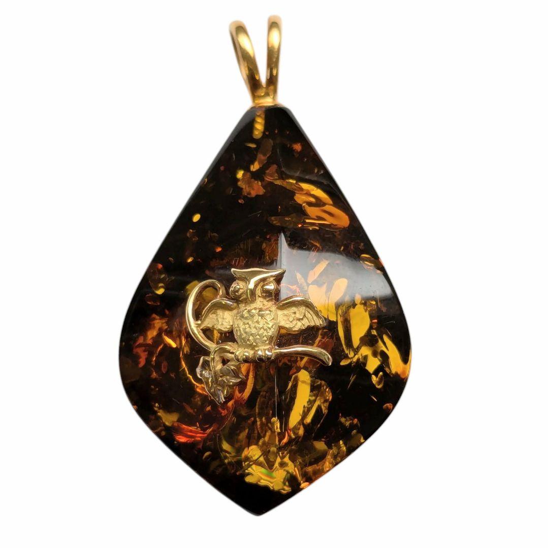 琥珀 ネックレストップ K18 バチカン フクロウ 梟 ネックレス アンバー