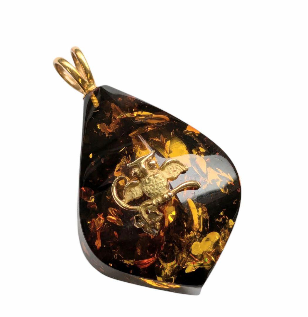 琥珀 ネックレストップ K18 バチカン フクロウ 梟 ネックレス アンバー