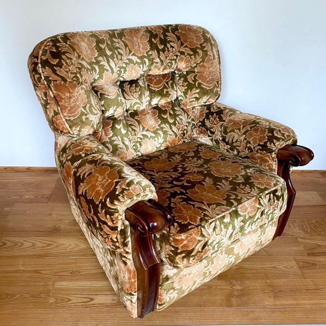 昭和レトロ オールド カリモク 金華山 1人掛け ソファー 花柄 ベロア