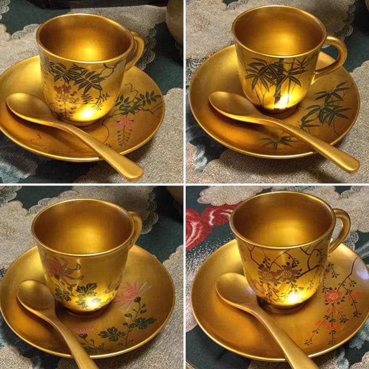 ❣特別出品 極上木製漆 絵替季節の花蒔絵 デミタス6客セット スプーン付