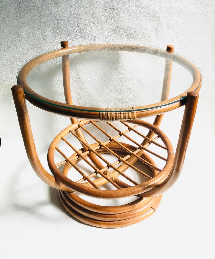 ラタン 天板ガラステーブル 古家具 センターテーブル 台湾製 ヴィンテージ