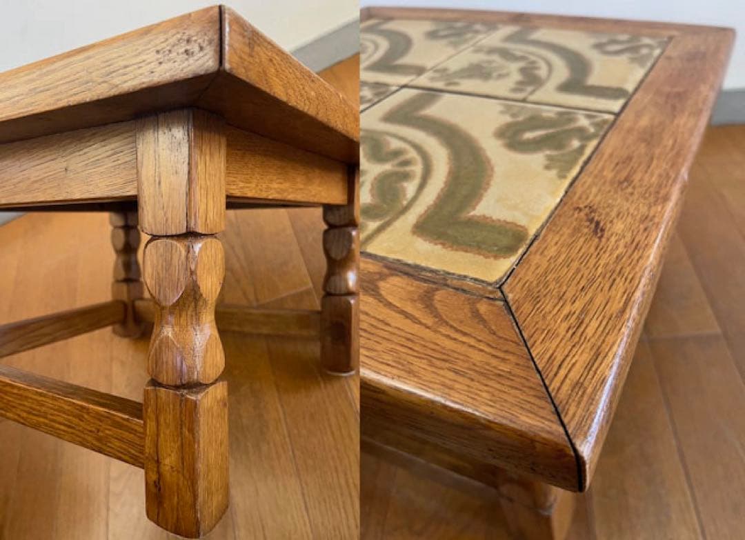 ヴィンテージ　ルーマニア　タイルトップ　ネストテーブル　オーク　サイドテーブル