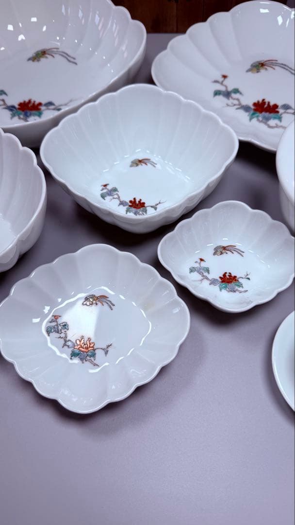 大正～昭和初期　十二代　酒井田柿右衛門　牡丹鳳凰画　揃物　渦福　共箱　合資会社