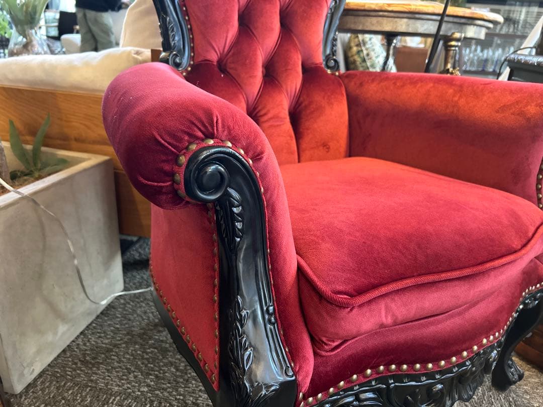 【美品】クラシックロココ調　猫脚チェア　赤ベルベット　1人掛けソファ