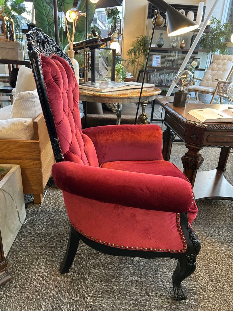 【美品】クラシックロココ調　猫脚チェア　赤ベルベット　1人掛けソファ