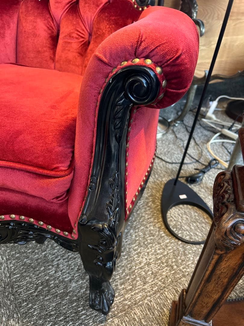 【美品】クラシックロココ調　猫脚チェア　赤ベルベット　1人掛けソファ