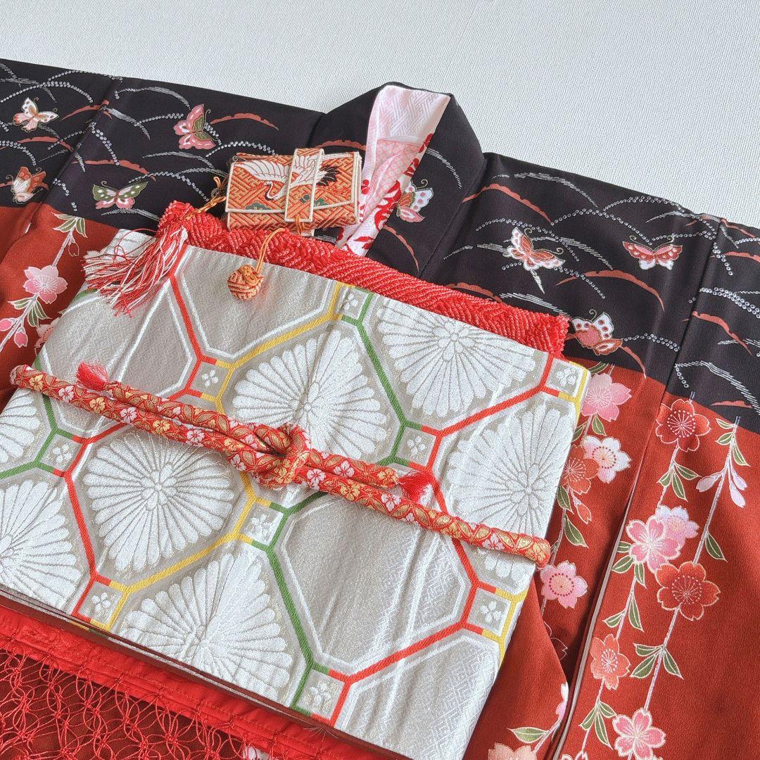 フルセット　七五三７歳女児　茶色地　桜　袋帯　シルバー地　長襦袢付　7292