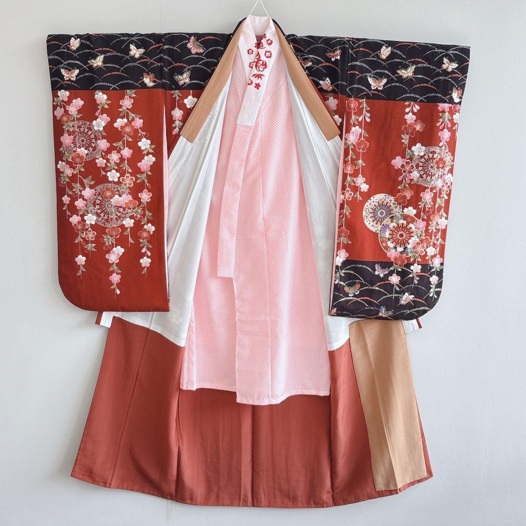 フルセット　七五三７歳女児　茶色地　桜　袋帯　シルバー地　長襦袢付　7292