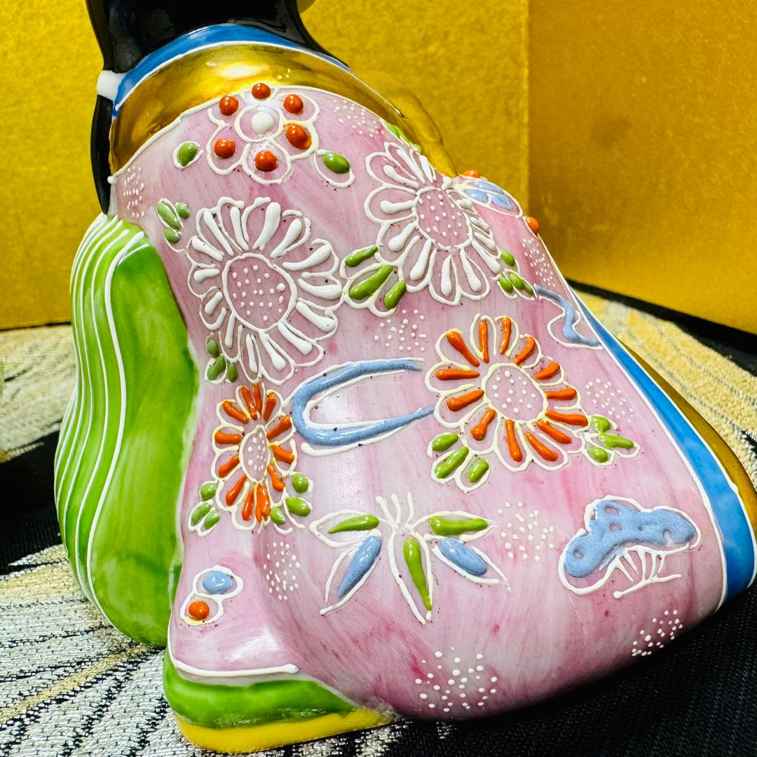 九谷焼　九谷長峰　在銘　雛人形　細描盛　（台・屏風・立札付 )