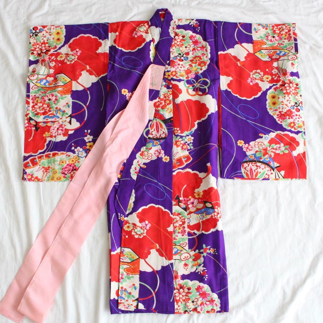 七五三 3歳 女の子 子供 アンティーク 正絹 着物 被布 ビーズバッグ セット