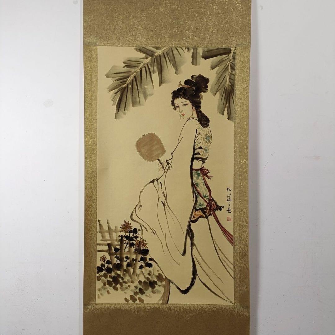 白伯骅《执扇仕女》　三尺中堂　掛軸　中国人物画　美人画　壁掛け装飾
