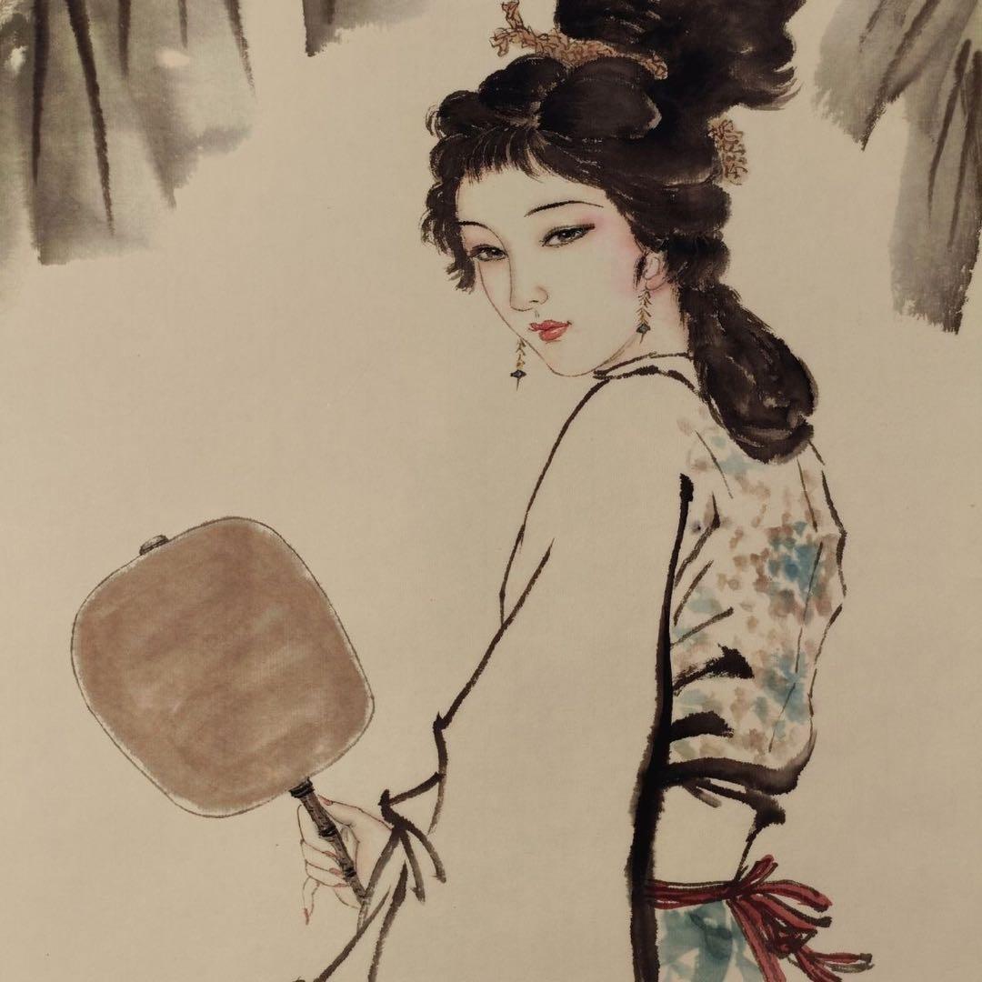 白伯骅《执扇仕女》　三尺中堂　掛軸　中国人物画　美人画　壁掛け装飾