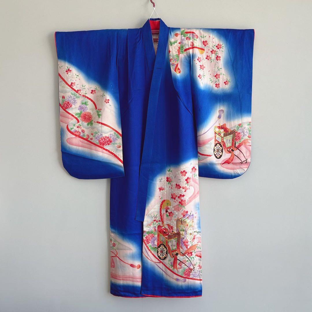 セット　七五三７歳女の子　青地花御所車　黒地袋帯　青海波金　袖なし長襦袢7103