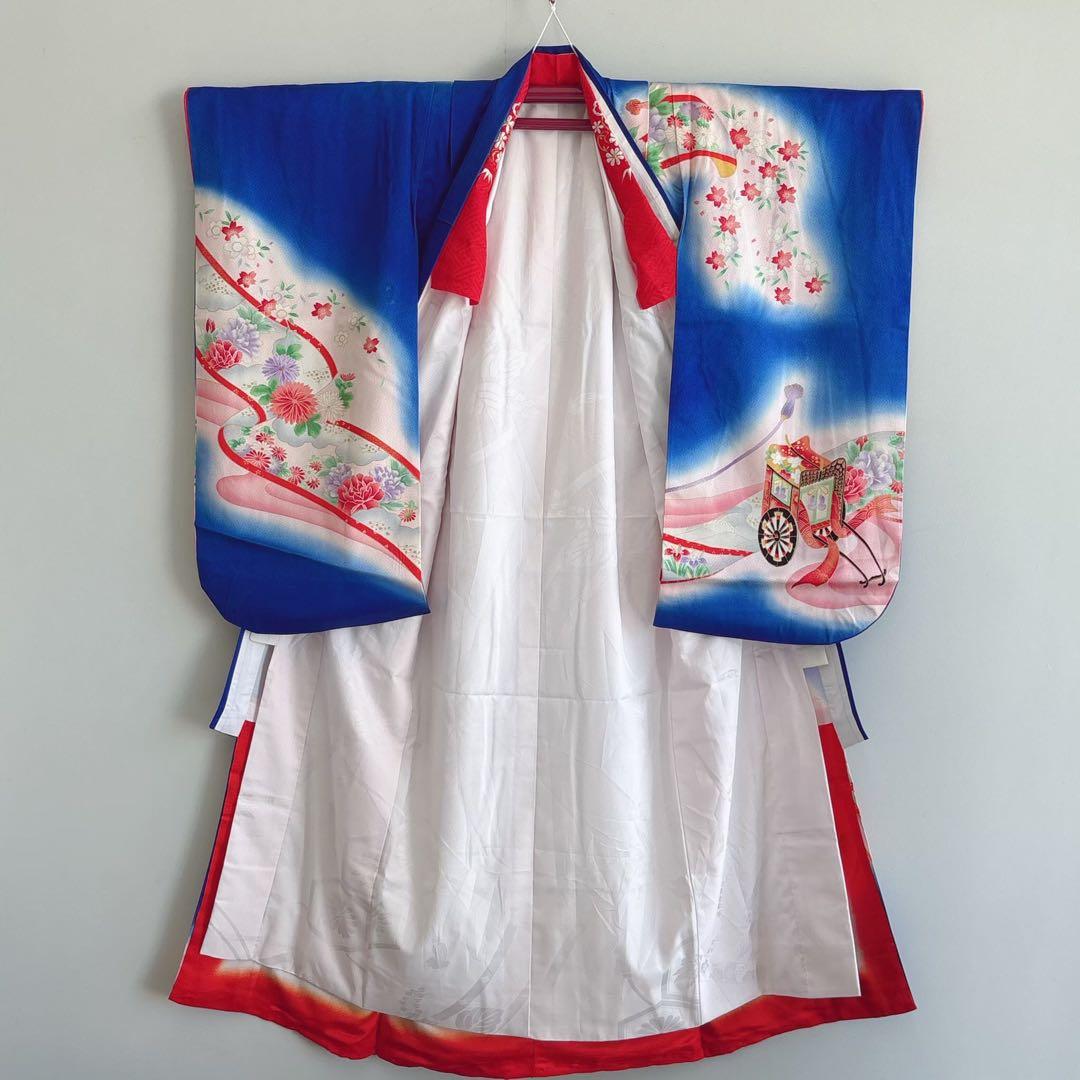 セット　七五三７歳女の子　青地花御所車　黒地袋帯　青海波金　袖なし長襦袢7103